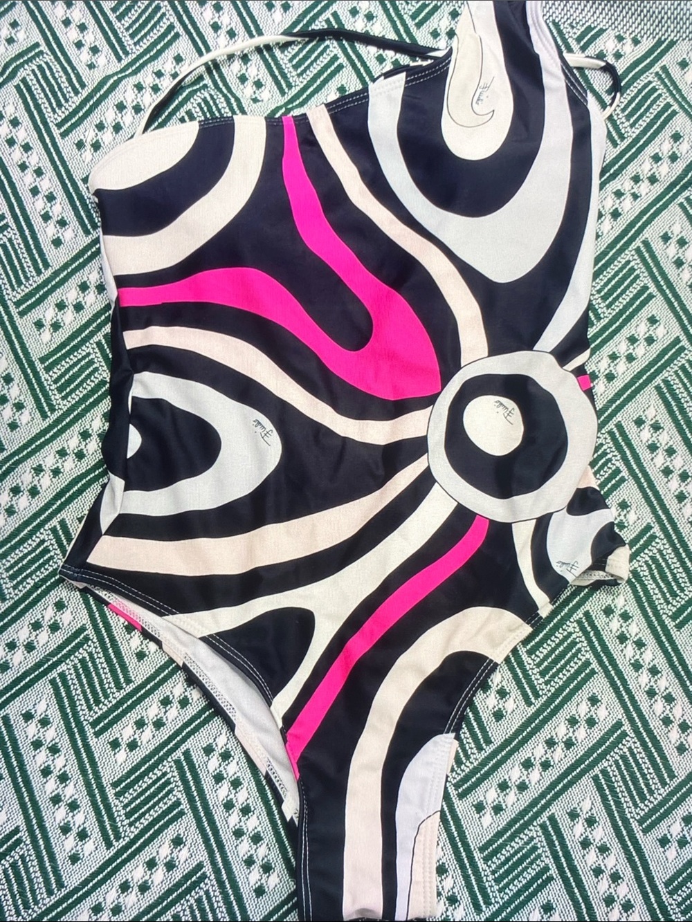 Emilio Pucci Black, White & Hot Pink One-Shoulder Graphic One-Piece Swimsuit